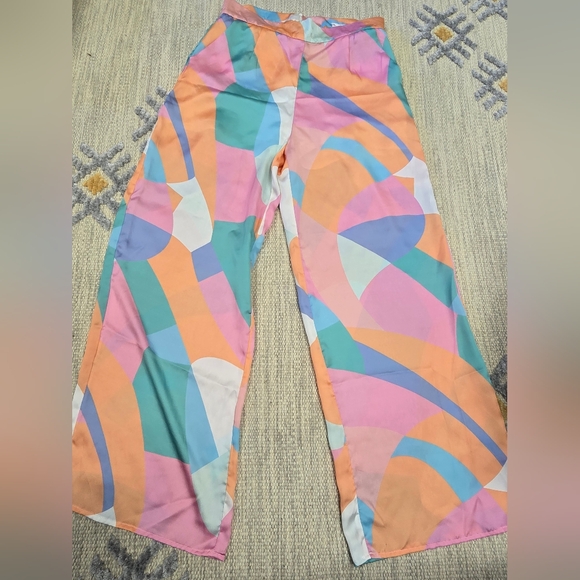 Le Lis Pink and Orange Wide Leg Abstract Print Summer pants Size large - Picture 6 of 8